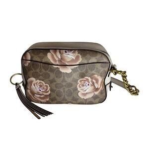Coach Signature Rose Print Camera Bag Crossbody Purse Tan‎ Beige Pink Gold Chain